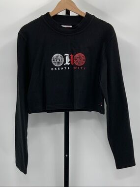 Tommy Hilfiger Black Cropped Long Sleeve Crewneck with Red & White Logos